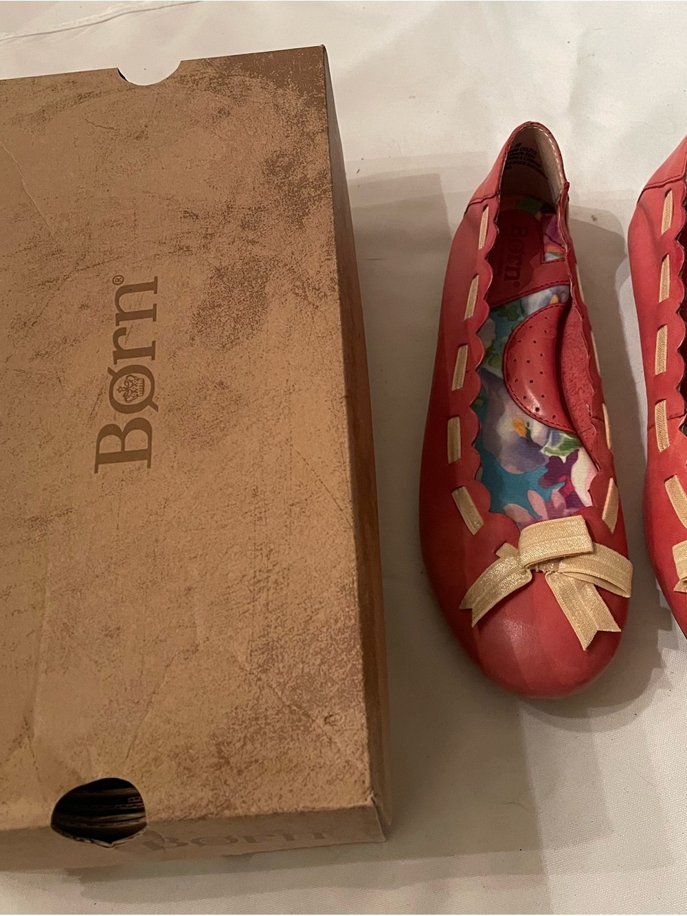 Born Red Leather Ballet Flats with Gold Bow Accent